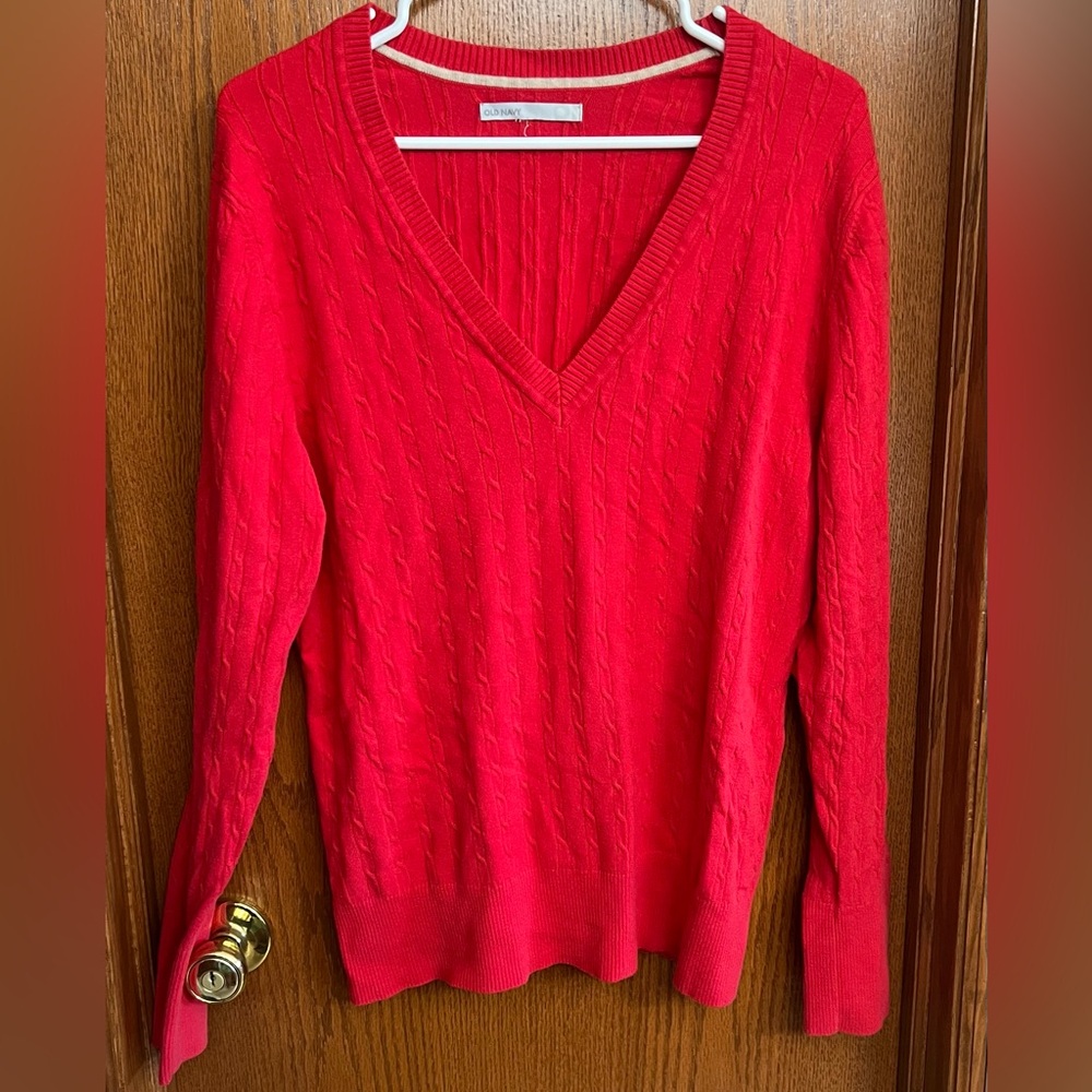 Old Navy Red Skinny Cable Lightweight VNeck Sweater Size XXL